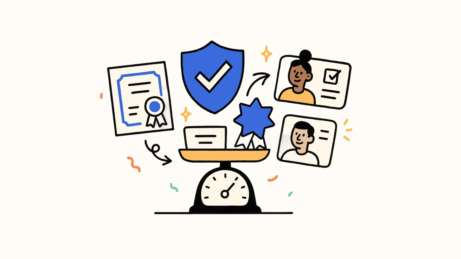 Illustration of a certificate, badge and learner profiles balanced on a scale