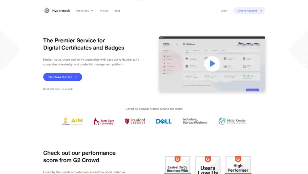 Hyperstack homepage: the premier service for digital certificates and badges, with client logos