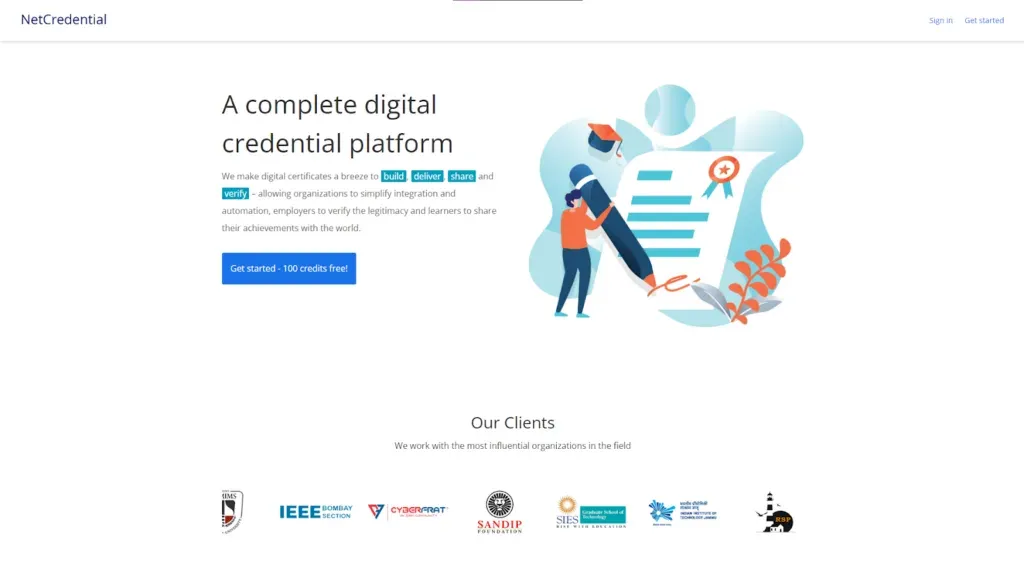 NetCredential homepage describing a complete digital credential platform with 100 free credits