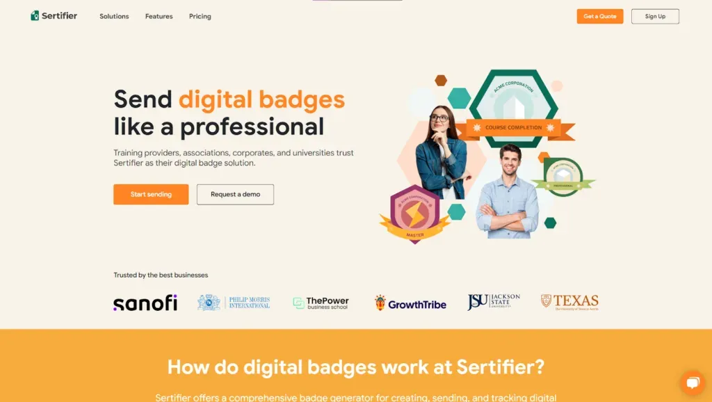 Sertifier homepage with the headline Send digital badges like a professional