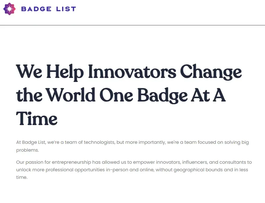 BadgeList homepage: helping innovators change the world one badge at a time