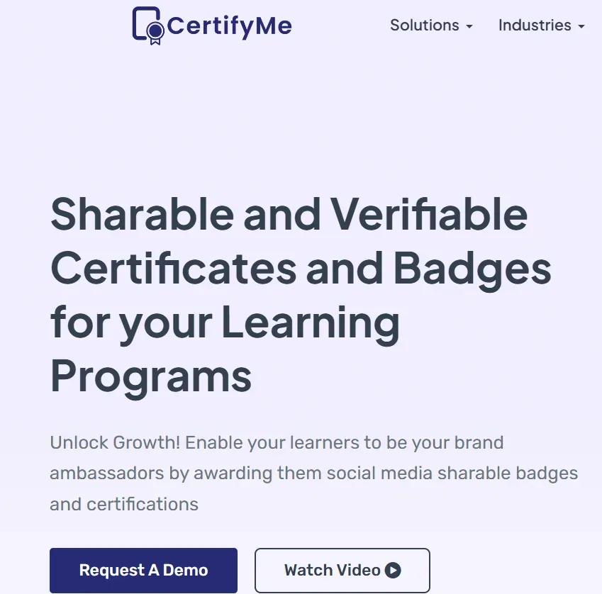 CertifyMe homepage: shareable, verifiable certificates and badges for learning programs