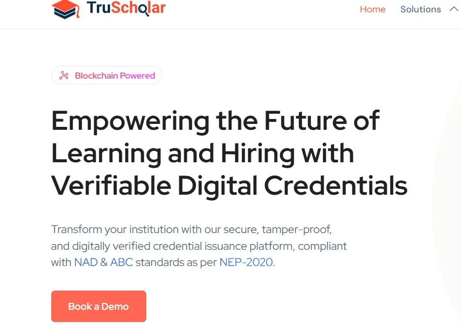 TruScholar homepage promoting blockchain-powered verifiable digital credentials