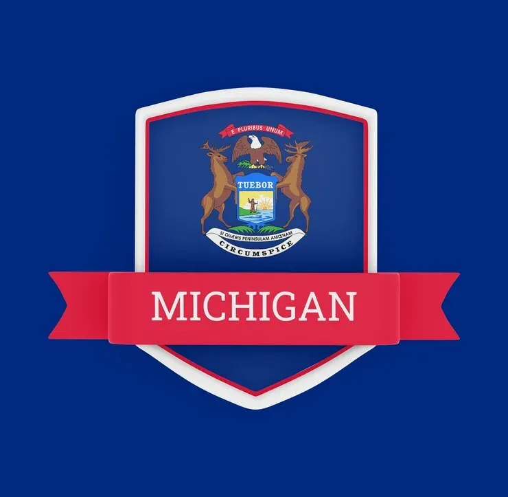 Shield-shaped badge with the Michigan state coat of arms and a red banner
