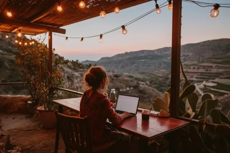 Woman working on a laptop at an outdoor terrace overlooking hills at dusk