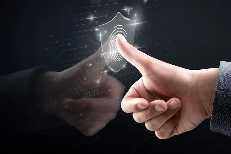 Finger touching a glowing fingerprint shield on a dark digital background