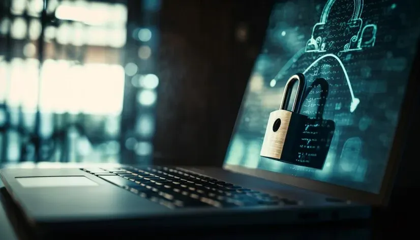 Laptop with a padlock and code projected over the screen