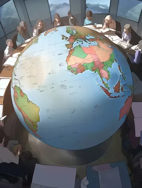 People seated around a large globe at a round conference table