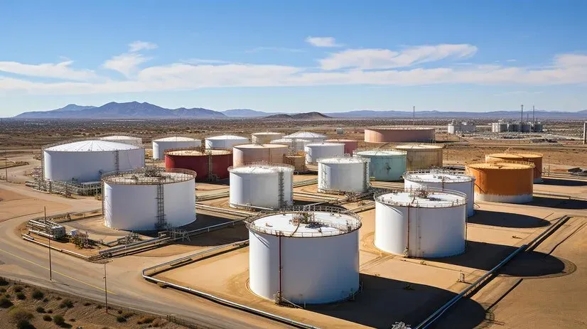 Aerial view of white and coloured storage tanks at a fuel depot