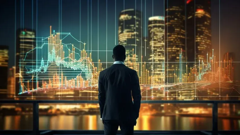 Businessman viewing financial charts overlaid on a night city skyline