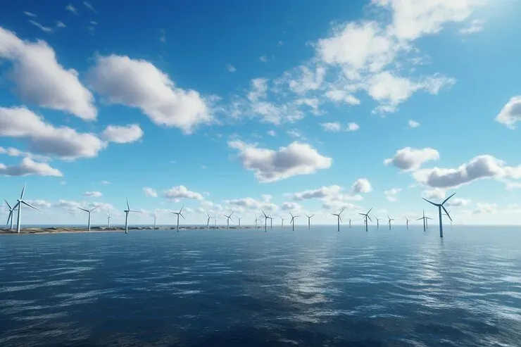 Offshore wind farm with turbines spread across open sea