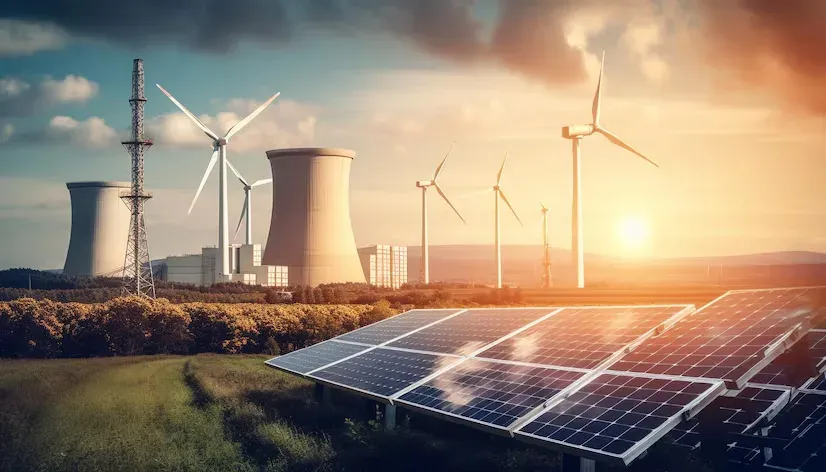 Solar panels and wind turbines in front of power plant cooling towers at sunset