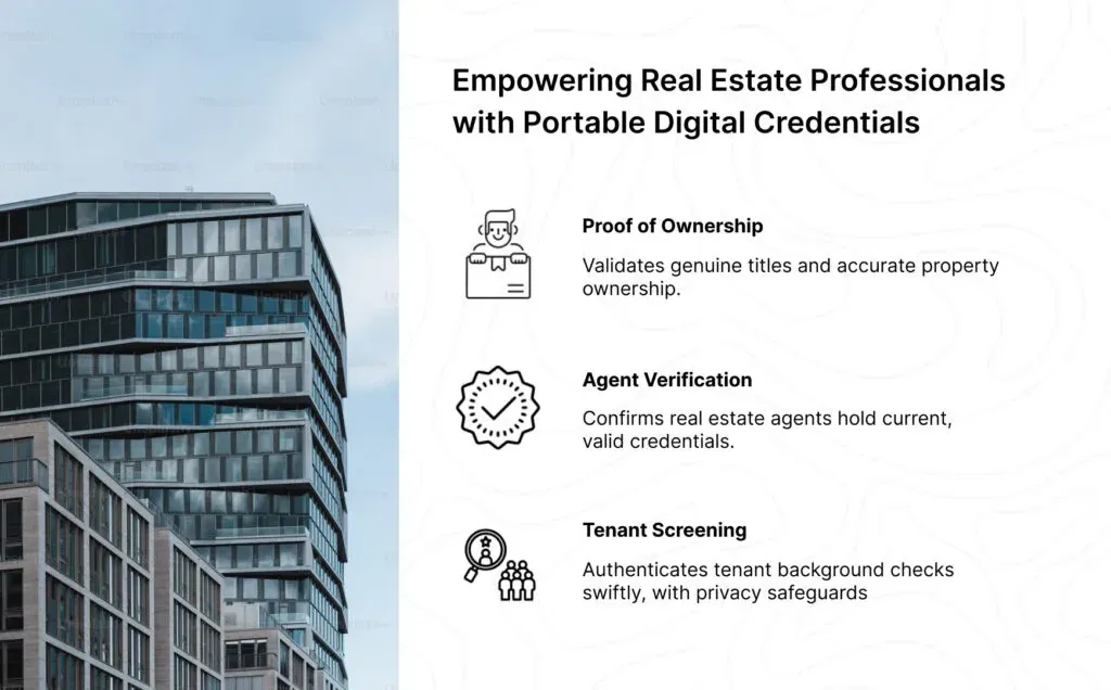 Banner on digital credentials in real estate: proof of ownership, agent verification, tenant screening