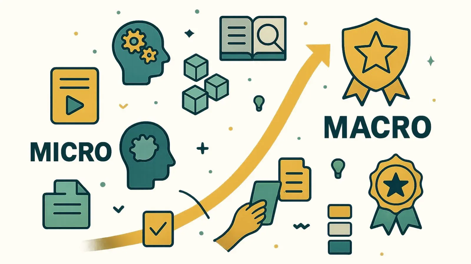 Illustration of micro learning items rising along an arrow to macro credential badges