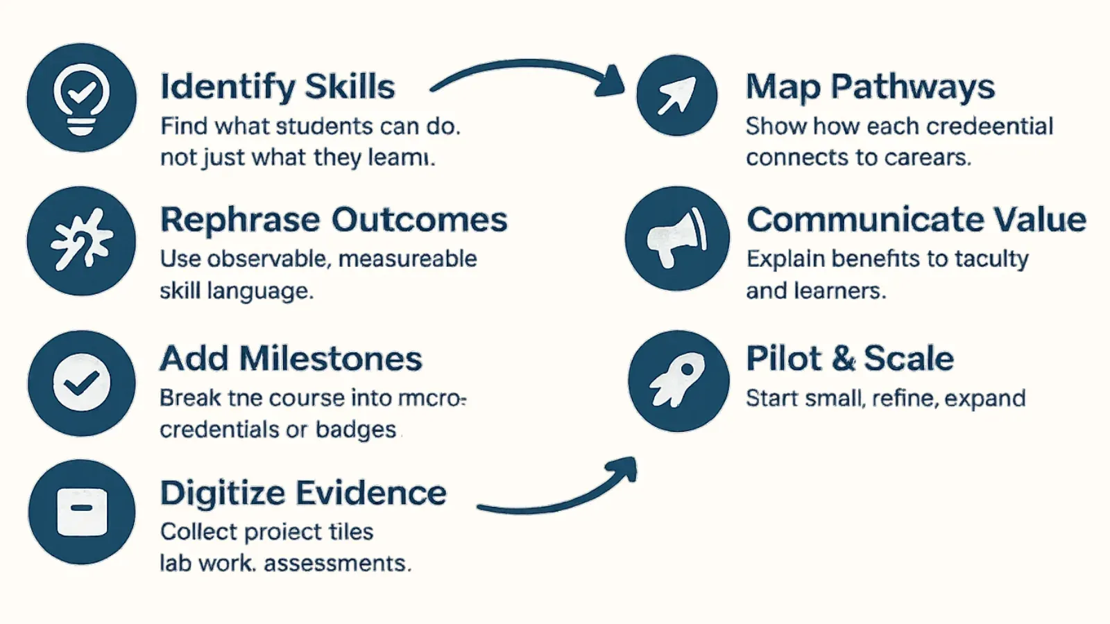 Seven steps: identify skills, rephrase outcomes, add milestones, digitize evidence, map pathways, communicate value, pilot