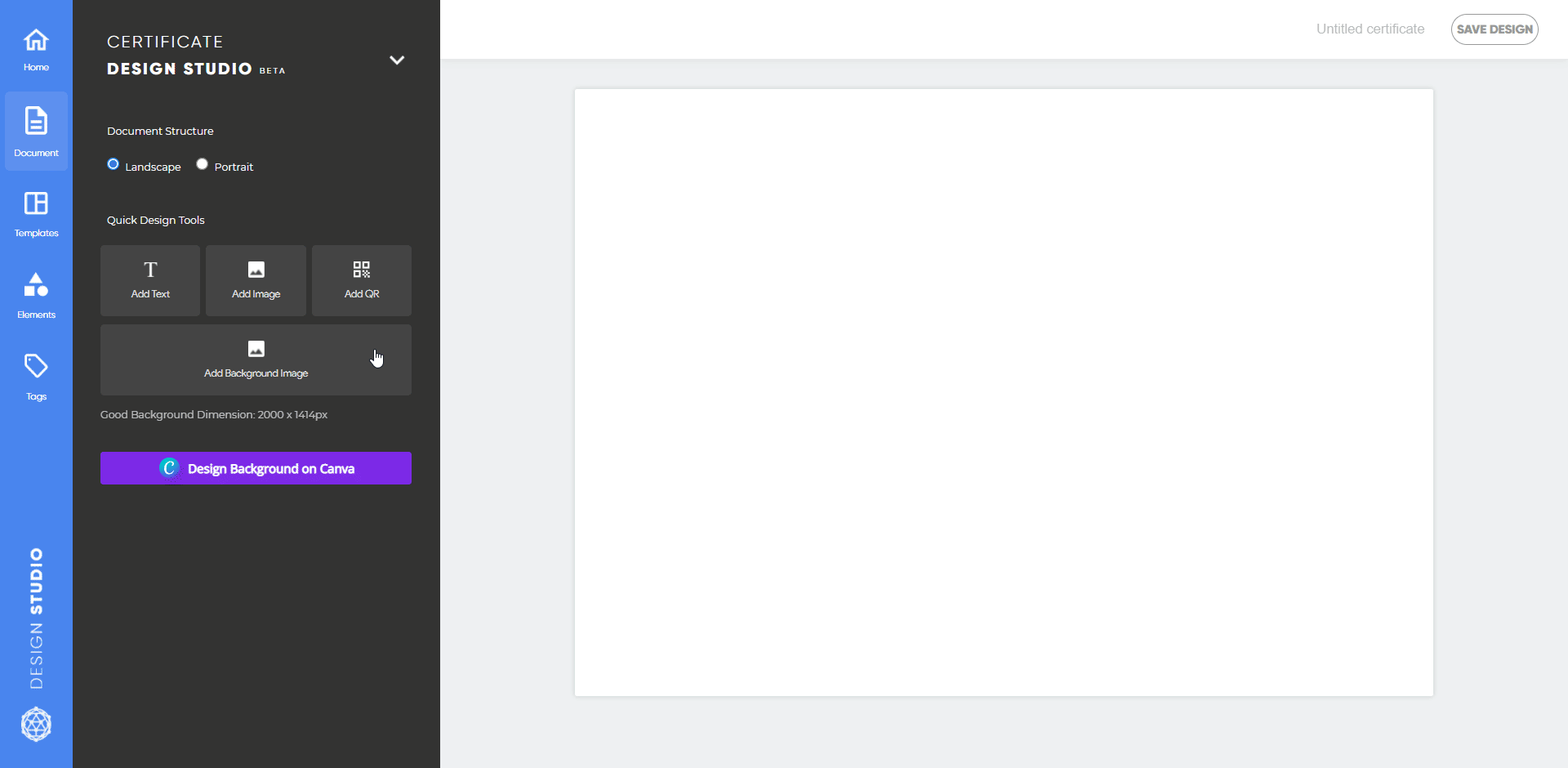 Screen recording of the Hyperstack certificate design studio, starting from a blank canvas