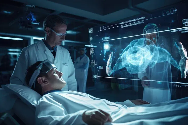 Doctor beside a patient wearing a headset, with a holographic brain scan