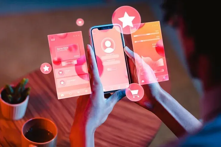 Hands holding a phone with floating profile and dashboard app screens