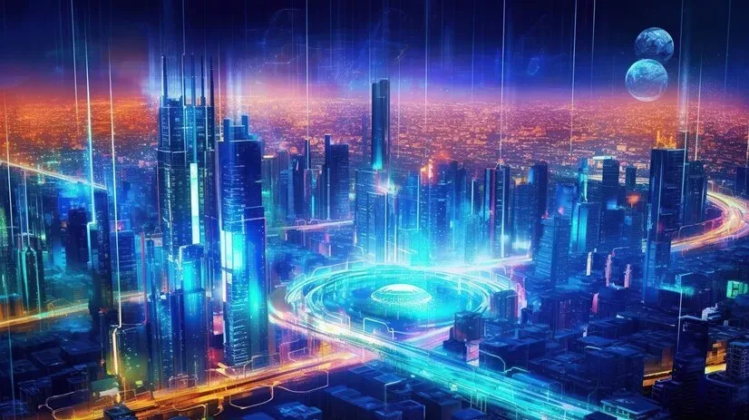Neon-lit futuristic city with glowing connections and planets in the sky