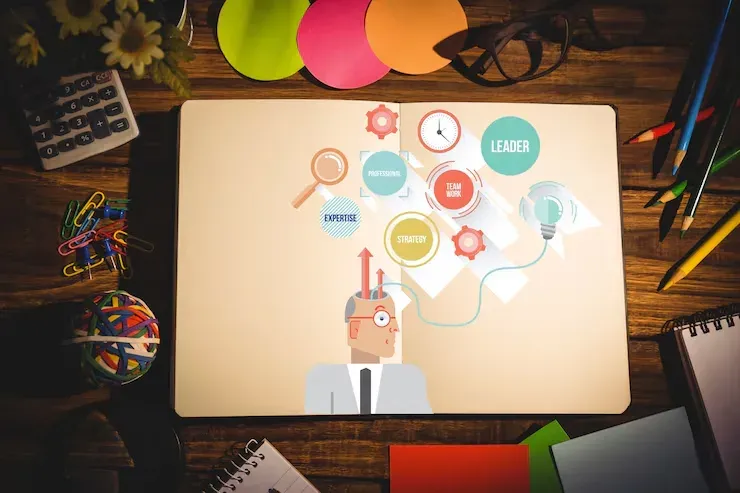 Notebook illustration of a professional with skill icons such as leader, expertise and strategy