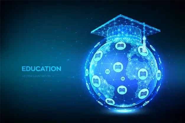 Glowing globe of book icons wearing a graduation cap, labelled Education
