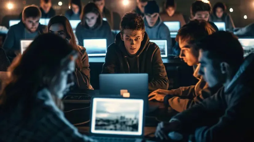 Teenage students working on laptops in a dim classroom