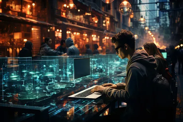 Young man typing at a computer with holographic displays in a busy hall