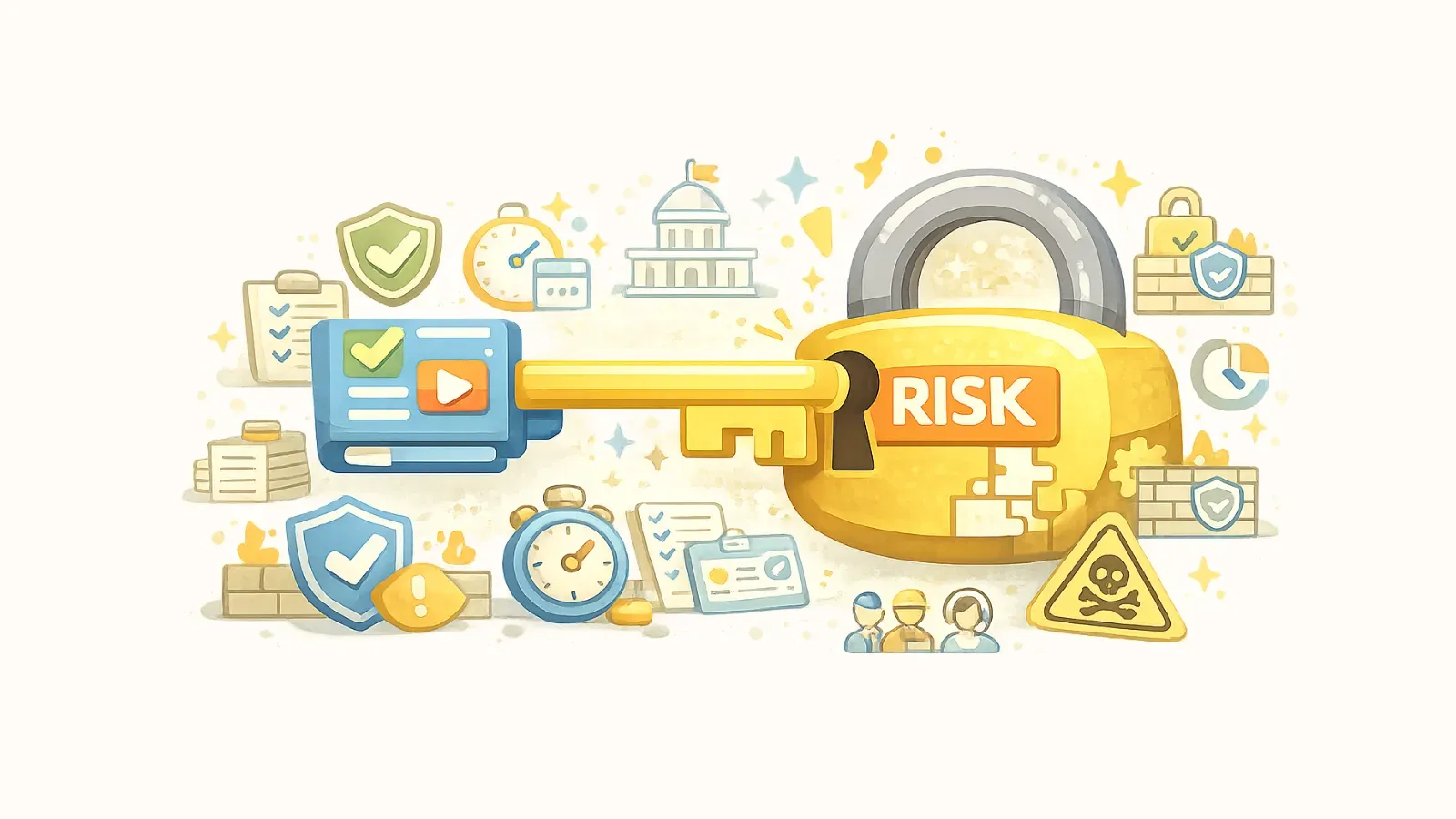 Training module shown as a key unlocking a padlock labelled risk, surrounded by compliance icons