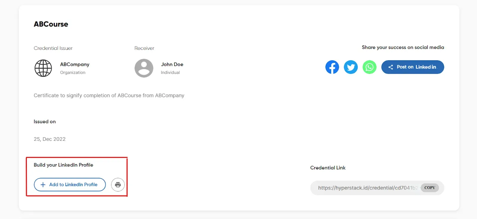 Hyperstack credential page highlighting the Add to LinkedIn Profile button