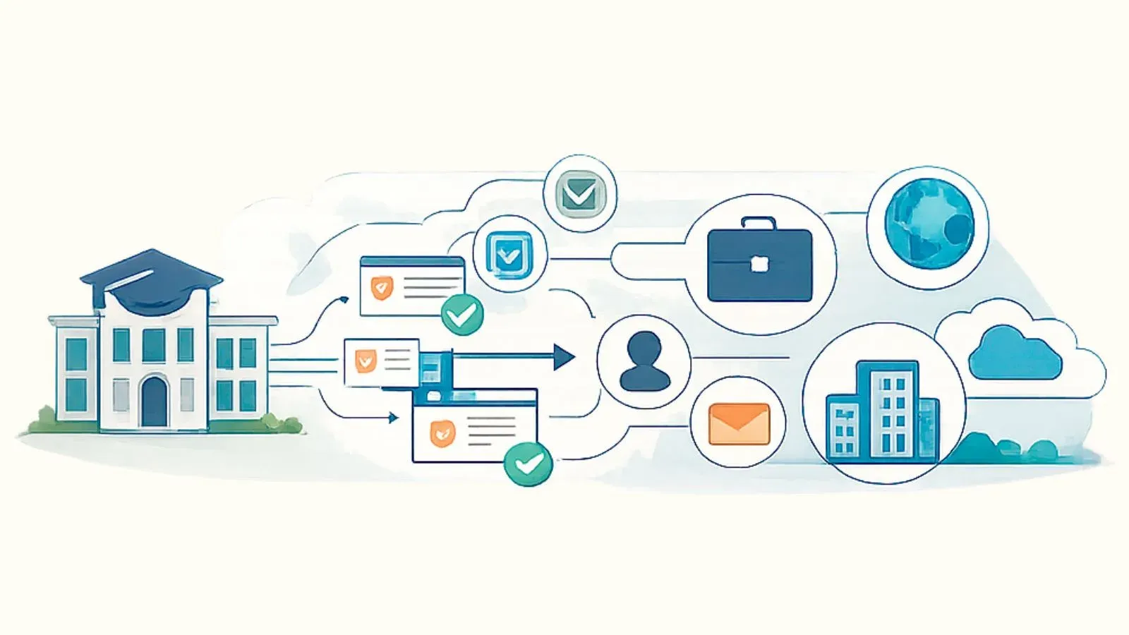 Illustration of verified credentials flowing from a university to employers, profiles and the cloud