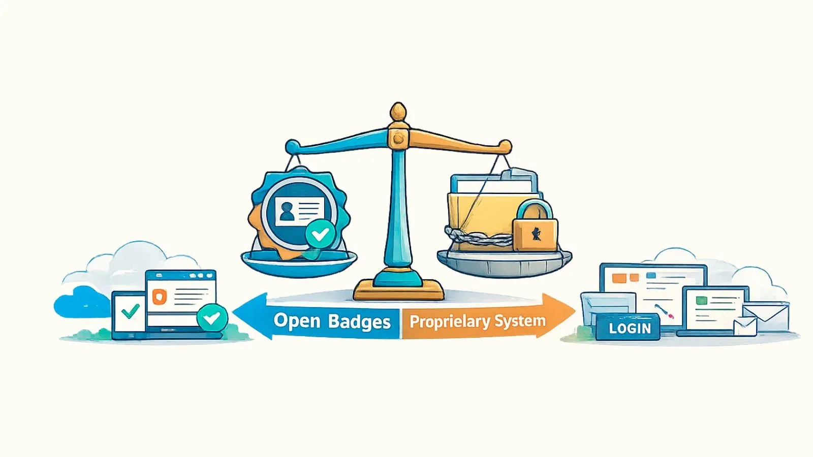 Scale balancing an open badge against a locked proprietary credential system