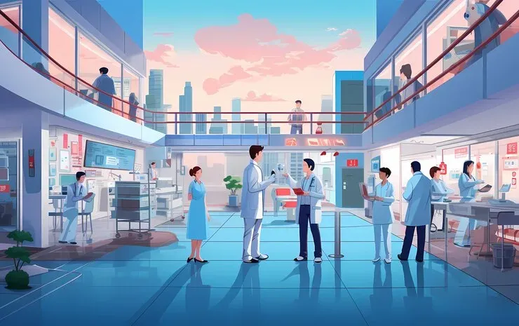 Illustration of doctors and nurses at work in a modern hospital