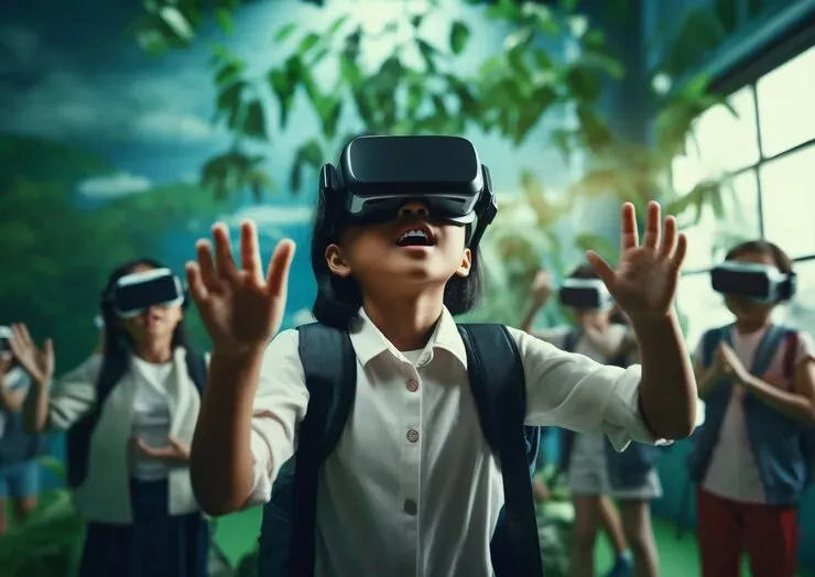 Children wearing VR headsets reaching out in an immersive lesson