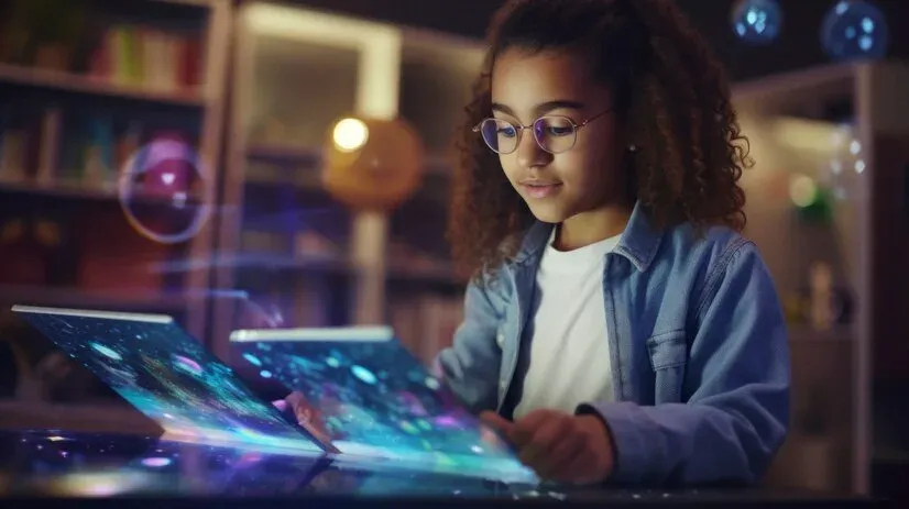 Girl with glasses using two glowing tablets in a library