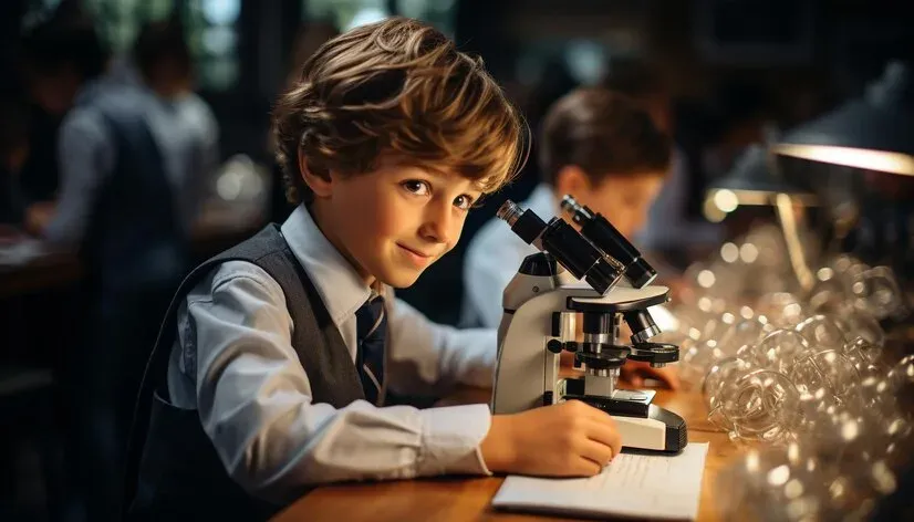 Smiling boy using a microscope at a classroom desk