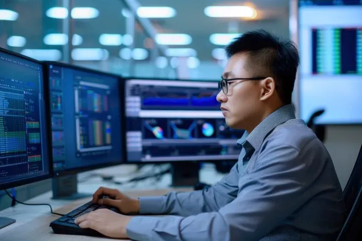 Analyst working at several monitors that display data dashboards