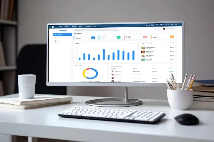 Desktop computer showing a sales dashboard with bar and donut charts on a desk