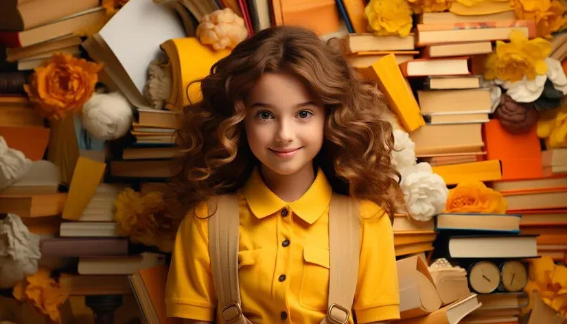 Smiling girl in a yellow shirt in front of stacked books and flowers