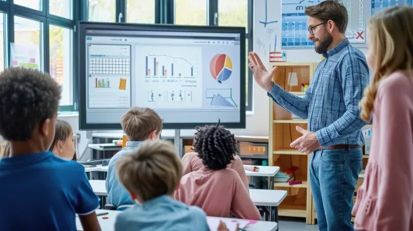 Teacher presenting charts on a classroom screen to a group of children