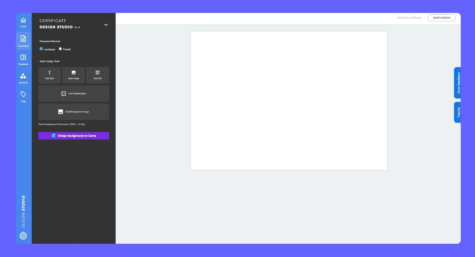 Hyperstack certificate design studio with a blank landscape canvas and design tools