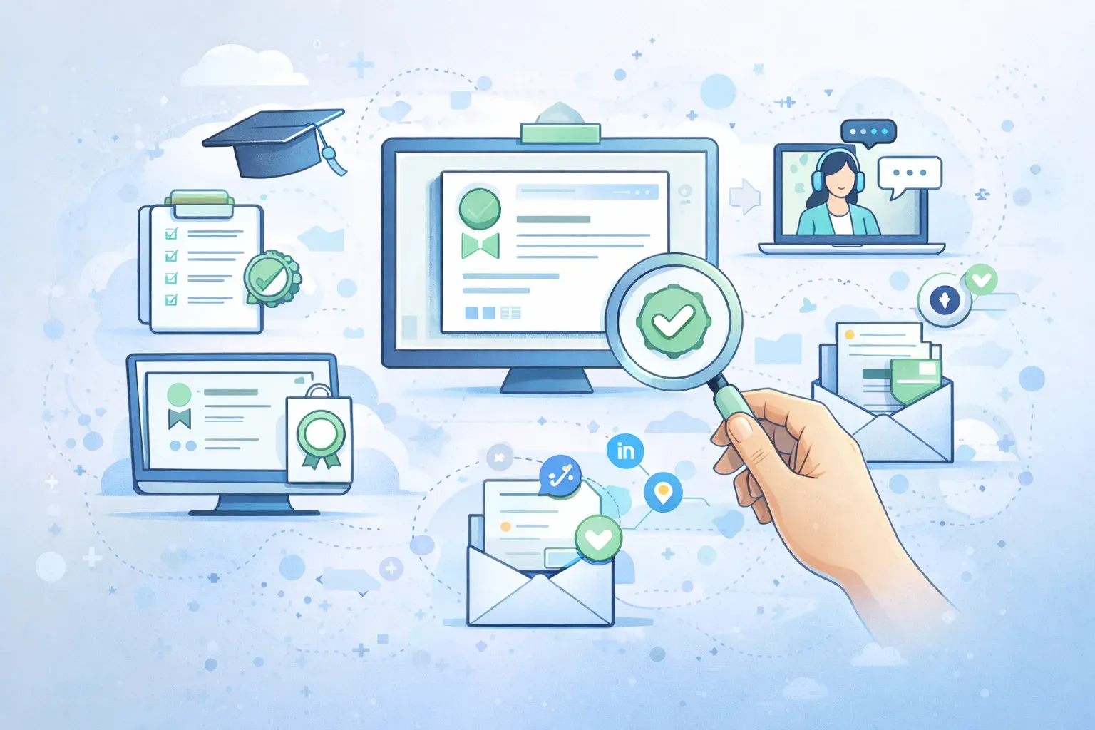 Hand with a magnifying glass verifying a digital certificate among email and LinkedIn icons
