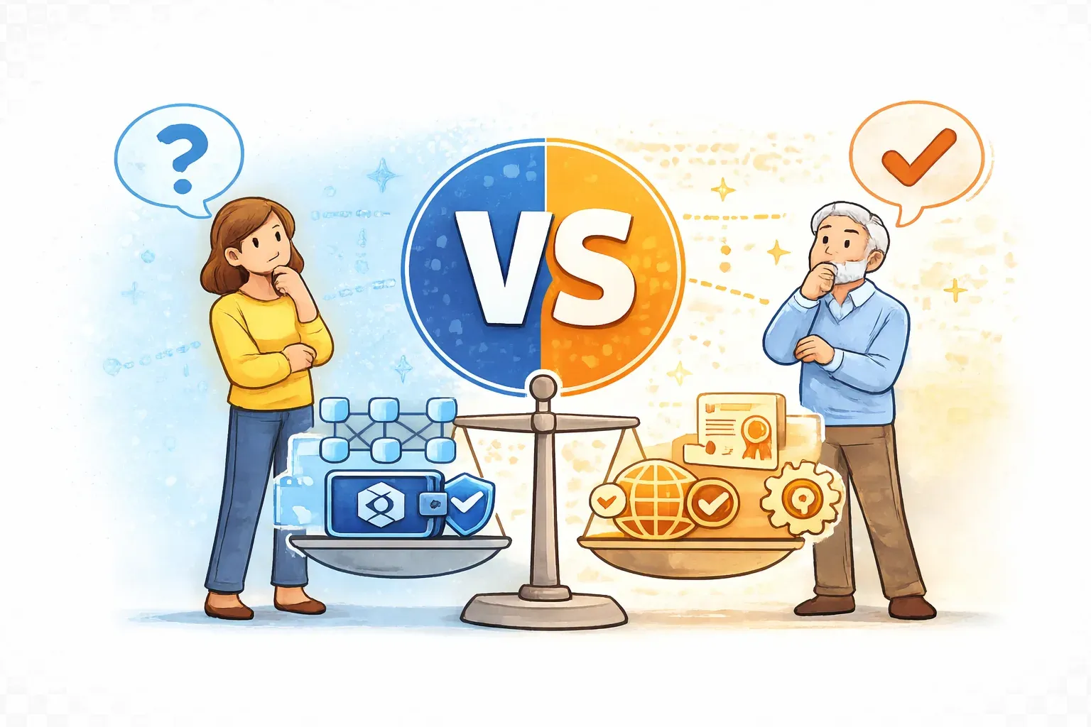 Illustration of two people weighing two credential platforms on a balance scale marked VS